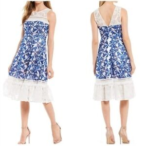 Belle Badgley Mischka Eislyn Butterfly Embroiled Lace Midi Dress Blue Size 10